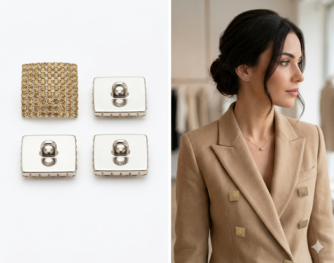 Bottoni Gioiello Quadrati con Strass ambra e Montatura Argento