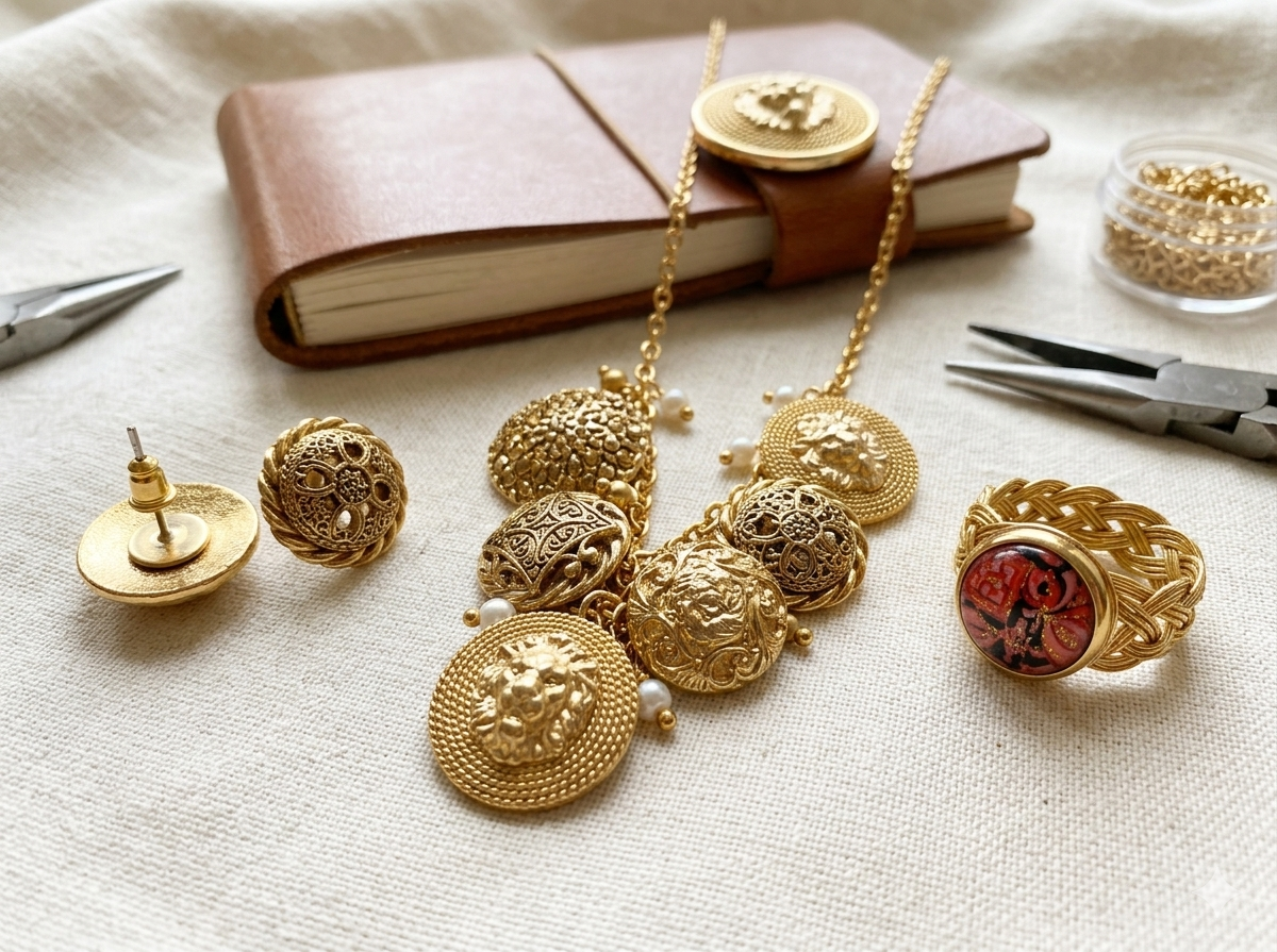 Set 20 Bottoni Gioiello Vintage – Mix Oro e Ornamenti "Capsule del Tempo"