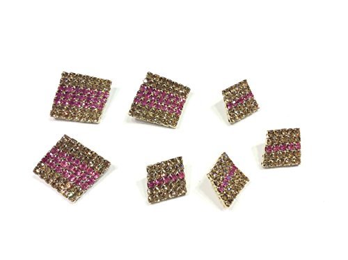 SET DI 7 BOTTONI GIOIELLO QUADRATI BASE ORO STRASS AMBRA E FUXIA CM 2,2 + 1,5