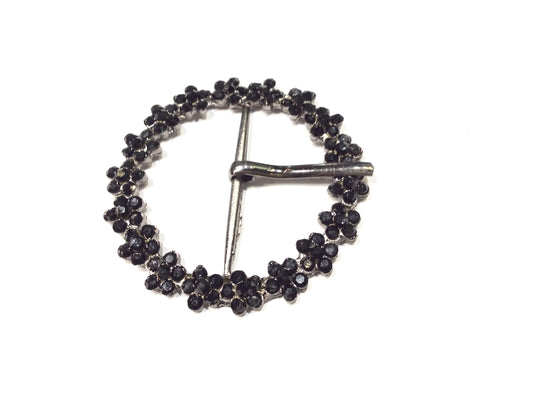 FILMODA Fibbia Decorativa Rotonda con Strass Neri, 4 cm, Design a Fiori, Argento Anticato