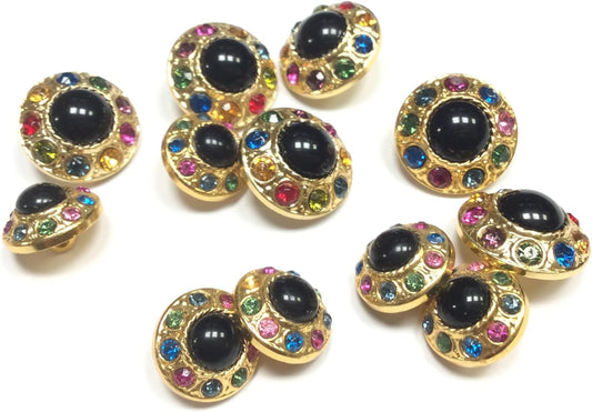 Bottoni Decorativi Vintage con Cristalli Multicolore, Cabochon Nero in Metallo Dorato