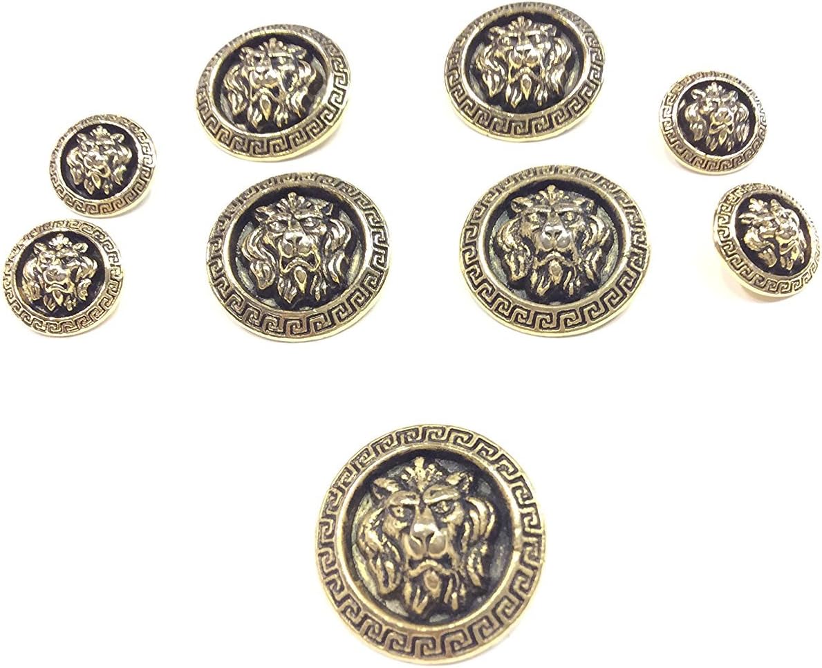 Bottoni in Metallo Oro Antico con Testa di Leone e Bordo Greca, set 14 pz