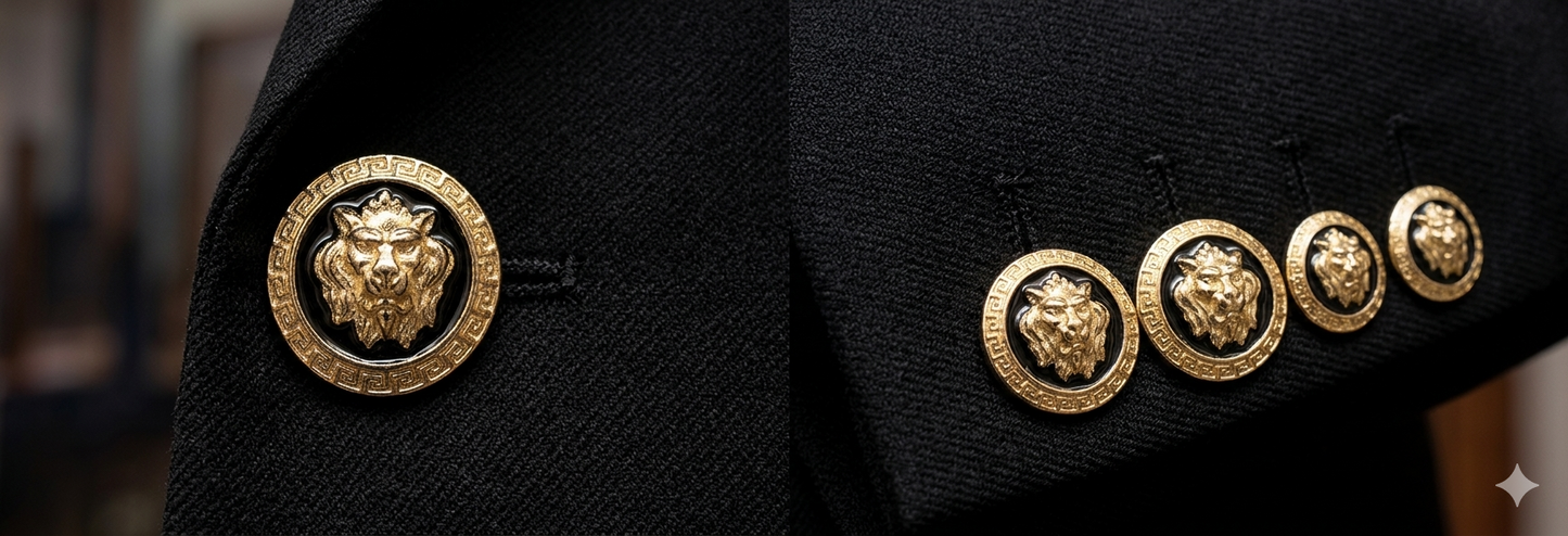 Bottoni Gioiello Oro e Smalto Nero con Testa di Leone e Greca, 1 pz