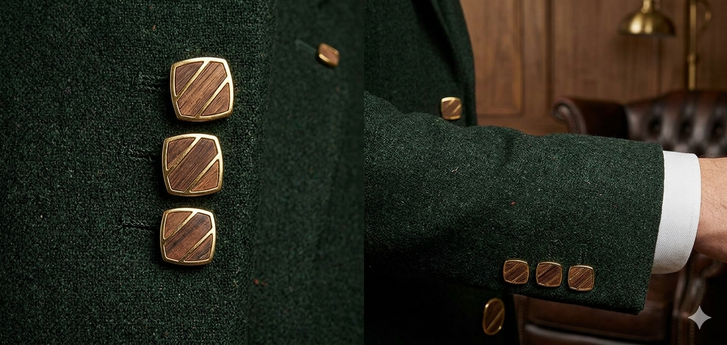 BOTTONI COUTURE 1968 LEGNO E ORO QUADRATO CM 3