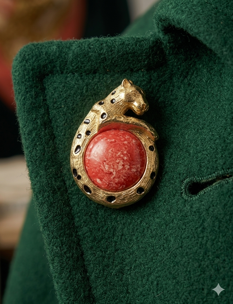 Bottone Gioiello Luxury "Pantera" Oro e Pietra Rossa - 3x2 cm - Design Vintage Esotico per Giacche Alta Moda e Spille - Pezzo Unico